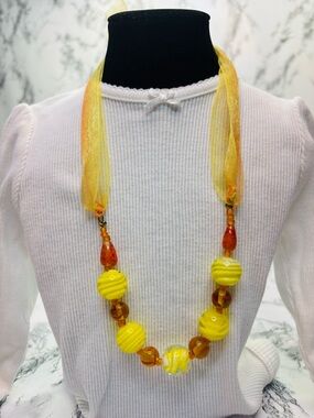 Vintage Murano Desert Sand Glass Yellow & Amber Bead Necklace with Sheer Ribbon